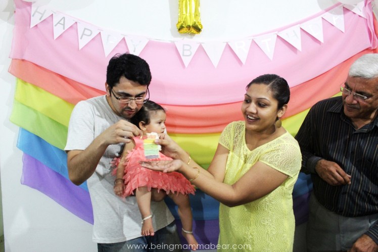 Being Mamma Bear - Unicorn Theme First Birthday Rainbow Cake with Vanilla Buttercream frosting Cake Cutting at Home 3