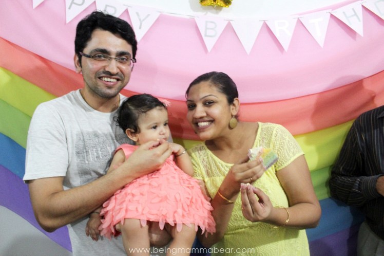 Being Mamma Bear - Unicorn Theme First Birthday Rainbow Cake with Vanilla Buttercream frosting Cake Cutting at Home 4